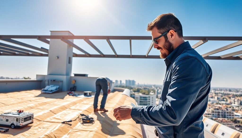 A bright and modern rooftop setting in Mohamed Bin Zayed City, showcasing the crucial importance of roof insulation. In the foreground, a professional technician in business attire inspects a newly installed insulation system, surrounded by tools and materials, emphasizing quality service. In the middle ground, a vibrant cityscape with contemporary buildings under a clear blue sky reflects urban living, illustrating the need for proper insulation against heat and noise. The background features distant palm trees and a serene skyline, enhancing the atmosphere of a warm, inviting environment. The lighting is bright and natural, capturing the midday sun, while the angle is slightly elevated to provide a comprehensive view of the rooftop and city below. The overall mood is informative and professional, highlighting the benefits of effective roof insulation.