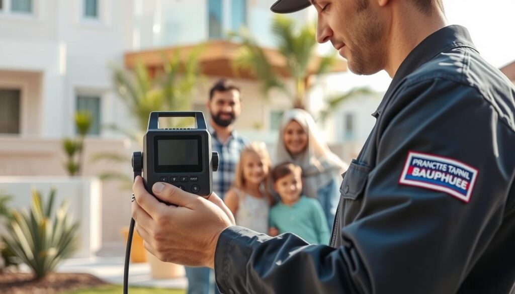 A close-up scene depicting the advantages of water leak detection services in Mohammed bin Zayed City. In the foreground, a professional technician wearing a smart uniform is examining a modern leak detection device, showcasing advanced technology. In the middle ground, a family happily stands in their well-maintained home environment, indicating peace of mind and comfort. The background features a pleasant neighborhood setting with greenery and contemporary architecture. The settings should be bright with natural light, giving an uplifting atmosphere. Use a wide-angle lens to capture the space, emphasizing the harmonious blend of technology and family life.