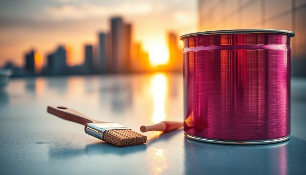 A close-up view of a container of liquid rubber for surface insulation, showcasing its glossy texture and vibrant color. In the foreground, the container is prominently displayed with a brushed metal texture, reflecting the surrounding light, while a paintbrush sits beside it, glistening with the liquid rubber. The middle ground includes a smooth, recently coated surface demonstrating insulation capability, hinting at its application in roofing or walls. The background features a blurred city skyline, softly glowing in the golden hour light, enhancing the professional atmosphere. The overall mood is modern and innovative, reflective of advanced insulation materials. The image should be sharp and well-lit, capturing the details with a shallow depth of field, emphasizing the product's quality and effectiveness in insulation.