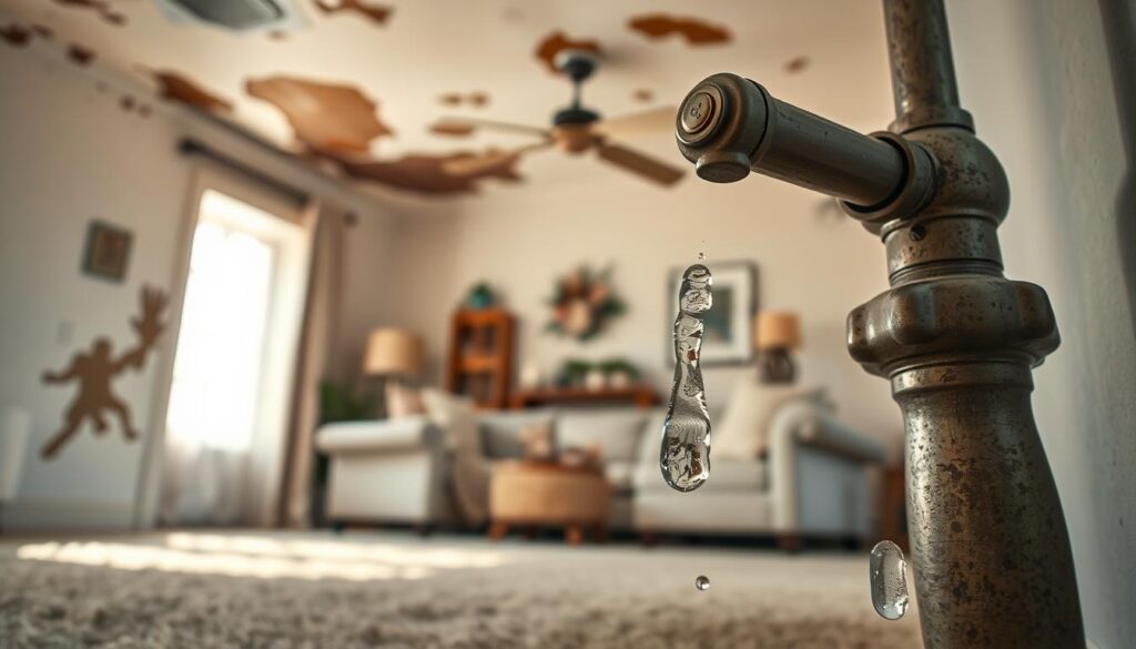 A detailed depiction of residential water leak signs in a home setting. In the foreground, focus on noticeable water stains on the ceiling and walls, showcasing darkened patches and peeling paint. In the middle, include a close-up of damp carpeting near a baseboard, as well as a dripping faucet with water droplets magnifying the effect of the leak. In the background, show a well-lit living room with furniture that hints at a family setting, ensuring the atmosphere feels concerned yet informative. Use soft, natural lighting to enhance the realism and urgency of the situation. The lens should capture the scene from a slightly elevated angle, with a subtle depth of field to emphasize the water damage in the foreground while keeping the overall room in view. The mood should be serious yet educational, illustrating the importance of recognizing water leak signs in a home.