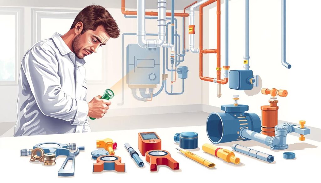 A detailed illustration of the steps involved in leak detection and repair, showcasing a professional technician inspecting plumbing systems. In the foreground, a focused technician in a clean, professional attire examines a water pipe with a flashlight, highlighting the intricacies of the leak detection process. The middle ground features various tools and equipment laid out systematically, including measuring devices and repair materials, emphasizing organization and professionalism. The background presents a well-lit, indoor environment resembling a modern utility room, with pipes and valves clearly visible. Soft, natural lighting enriches the scene, creating a clear and informative atmosphere that conveys expertise and diligence in addressing water leak issues.