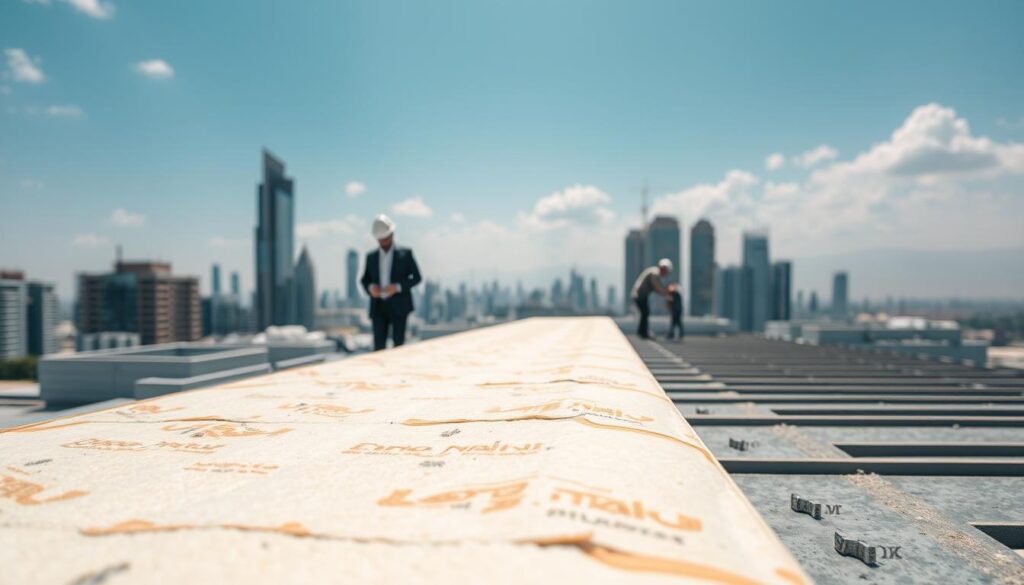 A modern building rooftop in a sunny, urban setting, showcasing a high-quality thermal and moisture insulation application. In the foreground, a close-up view of the insulation material, highlighting its texture and durability, with a construction professional in business attire inspecting it. The middle ground features workers installing the insulation, focused and working efficiently. The background shows a skyline of Khalifa City, with clear blue skies and a few fluffy clouds, suggesting a pleasant climate. Soft natural lighting illuminates the scene, casting gentle shadows. The mood is professional and industrious, emphasizing the importance of effective insulation in urban architecture.