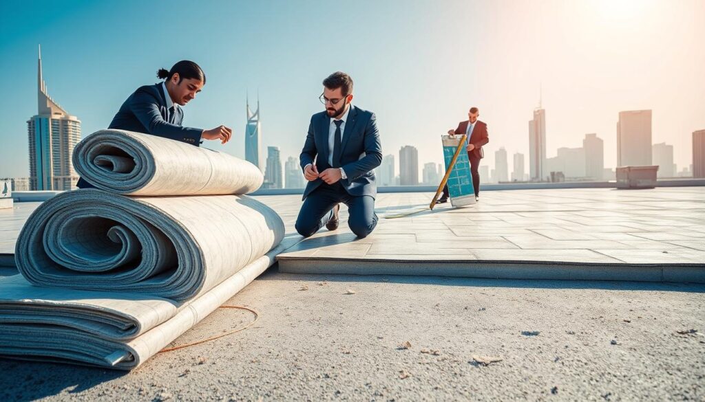 A modern rooftop insulation service in the city of Khalifa, showcasing a team of professionals in business attire diligently applying thermal insulation materials on a flat roof. In the foreground, display close-up details of the insulation materials, tools, and the workers' focused expressions. The middle ground features the team collaborating, with one worker measuring while another applies the insulation. In the background, the skyline of Khalifa appears, with clear blue skies and sunlight casting soft shadows, creating a bright and inviting atmosphere. Use natural lighting to enhance the vivid colors of the materials and the setting. Capture the scene from a slightly elevated angle to provide a comprehensive view of the workspace and the team's activities, instilling a sense of professionalism and expertise.