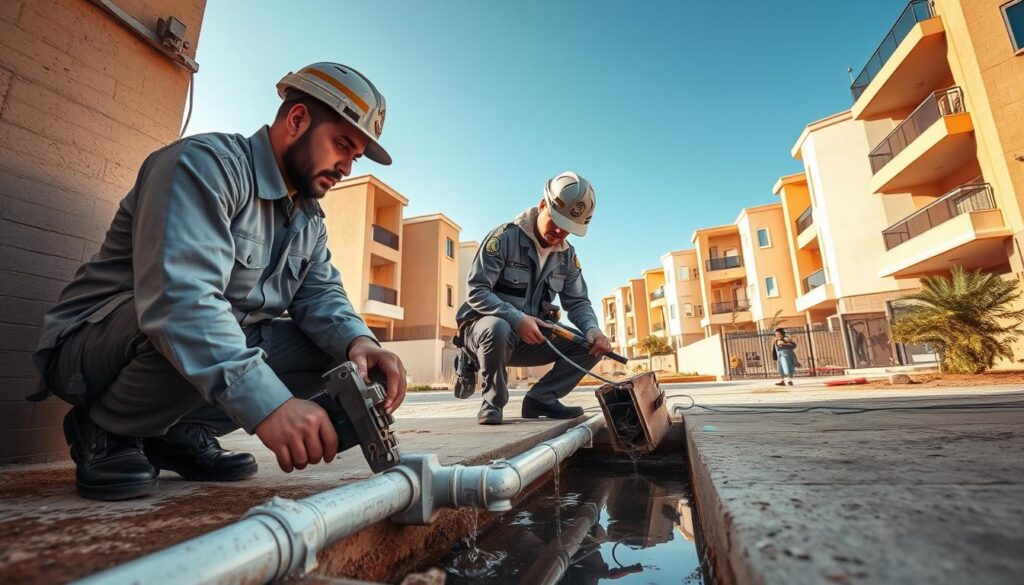 A professional emergency response team addressing a water leak in a residential area of Mohammed Bin Zayed City. In the foreground, depict two technicians in uniforms examining a water-damaged basement with tools and equipment, focused and alert. The middle ground features visibly leaking pipes and puddles of water, emphasizing urgency. In the background, residential buildings under a clear blue sky, showcasing the neighborhood's architecture. Soft, natural lighting illuminates the scene, creating a sense of urgency and professionalism. Capture a wide-angle perspective to emphasize the teamwork and the environment, evoking a mood of swift action and community support in times of emergency.