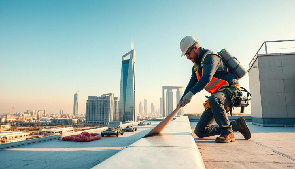 A professional scene depicting a rooftop insulation expert at work in a modern building in Khalifa City, UAE. The foreground features a skilled technician in professional attire, equipped with safety gear, meticulously applying insulation material to a flat rooftop. In the middle ground, various insulation tools and materials are visible, emphasizing the quality of the work. The background showcases the skyline of Khalifa City with contemporary architecture under a bright blue sky. The image captures the warm, inviting afternoon light, creating a sense of trust and professionalism. The atmosphere reflects expertise and dedication to high-quality surface insulation services, highlighting the unique landscape of the region.