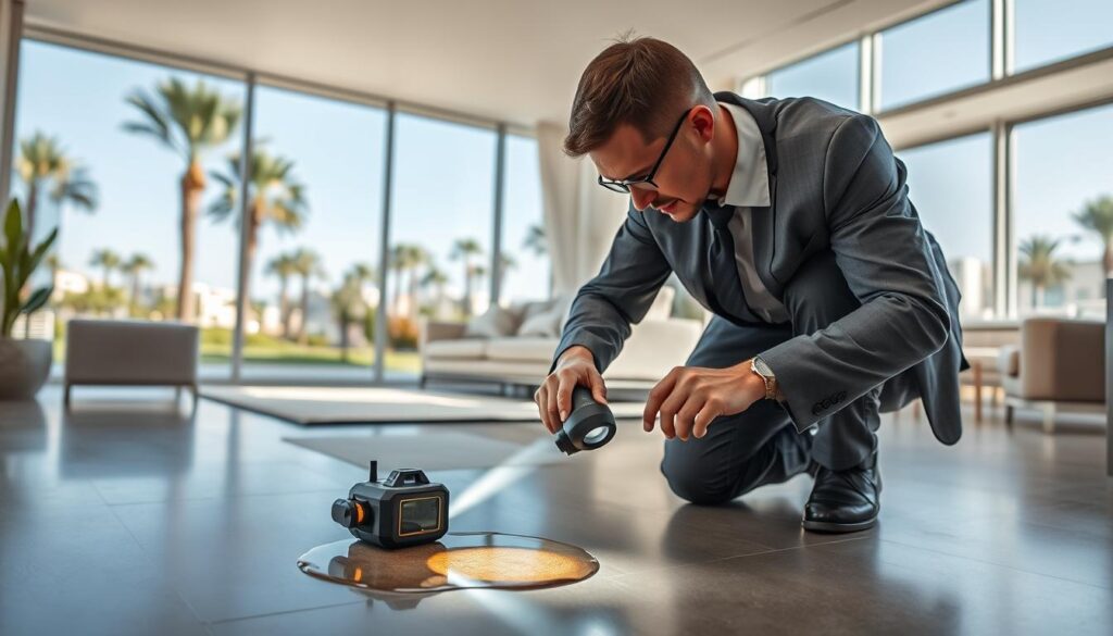 A professional water leak detection technician in business attire is examining a modern home environment. In the foreground, the technician is focused on a high-tech leak detection device, illuminating a small puddle on the floor with a bright flashlight, highlighting the water's surface. In the middle ground, a well-decorated living room with sleek furniture and visible plumbing fixtures can be seen, reflecting a contemporary style. The background depicts a serene neighborhood with palm trees, characteristic of Mohammed bin Zayed City, under a clear blue sky. Soft natural lighting filters through large windows, creating a calm and professional atmosphere. The image captures the essence of advanced leak detection services, emphasizing expertise and technology without any text or distractions.